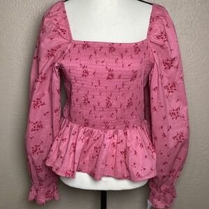 Dizzy‎ Lizzy Pink and Mauve Floral Print Smocked Peplum Puff Sleeve Top XL NWT